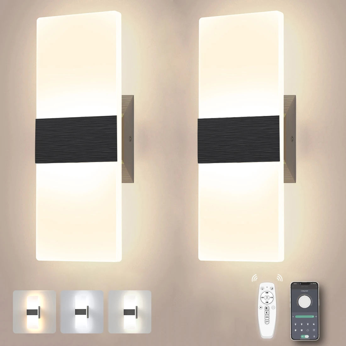 2 Pcs Dimmable Led Wall Lights Modern Black 12W With Remote App Control Bedroom 3CCT Factory Wholesale Price Led Wall Lamp