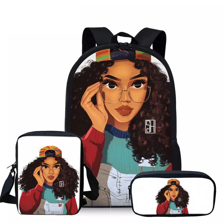 Popular Black Arts African Girl Printed Backpacks Large 3pcs Set School Bags With Lunch Bag and Pencil Case for Teens Girls Boys