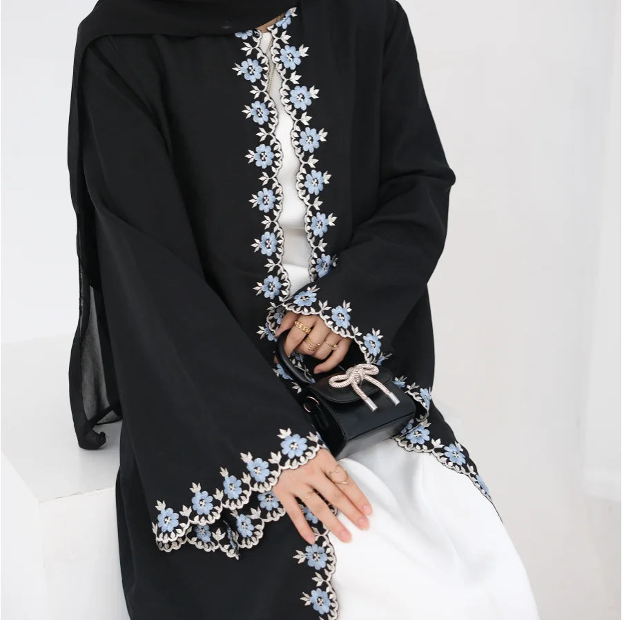 Flower Embroidered Plus Size Seamless Open Abaya Kaftan Robe Modest Fashion Long Sleeve Islamic Ramadan Eid Clothes