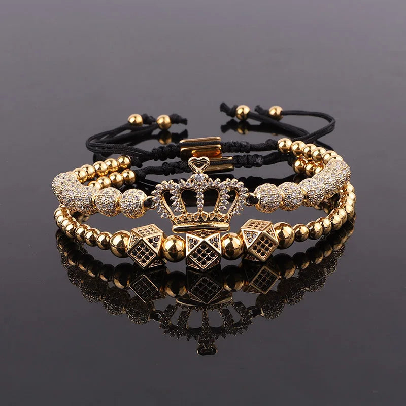 Renting Jewelry Luxury CZ Pave 18 Gold Plated Ball Crown Charm Women Men Macrame Couple Bracelet Set