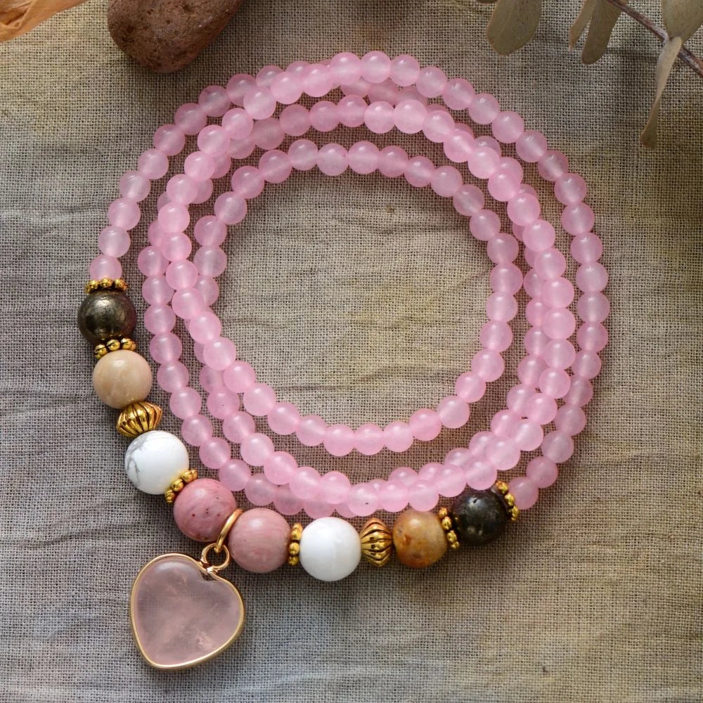 Wholesale Cute Rose Quartz Gemstone Necklace with Heart Pendant Beaded Bracelet for Women-for Parties and Weddings
