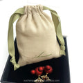 Wholesale Cotton Gift Bag Beige Cotton Twill Jewelry Pouch With Green Grosgrain Ribbon