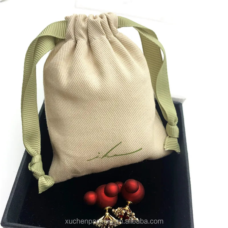 Wholesale Cotton Gift Bag Beige Cotton Twill Jewelry Pouch With Green Grosgrain Ribbon