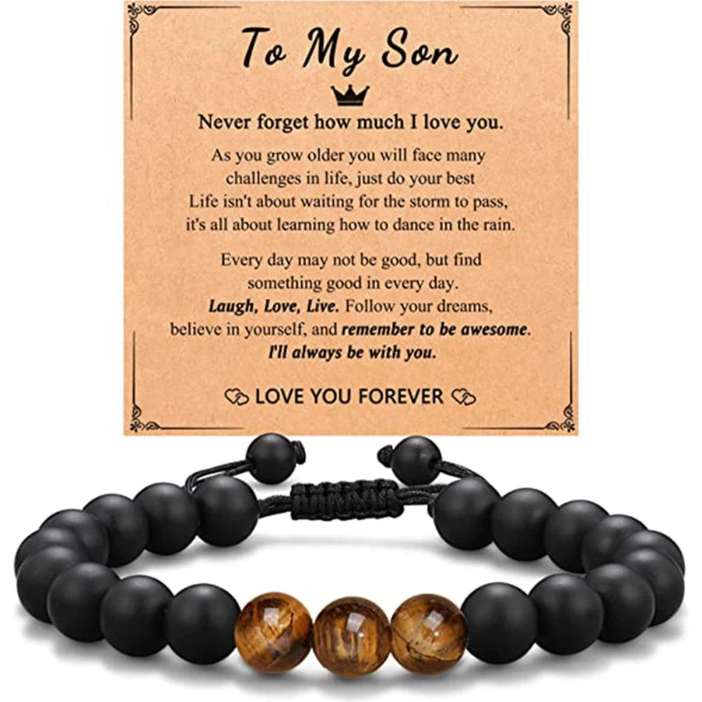 TO MY SON BRACELET Black Agate Tiger Eye Stone Bracelet with Message Card Jewelry Gifts for Husband Boyfriend Brother Bracelet