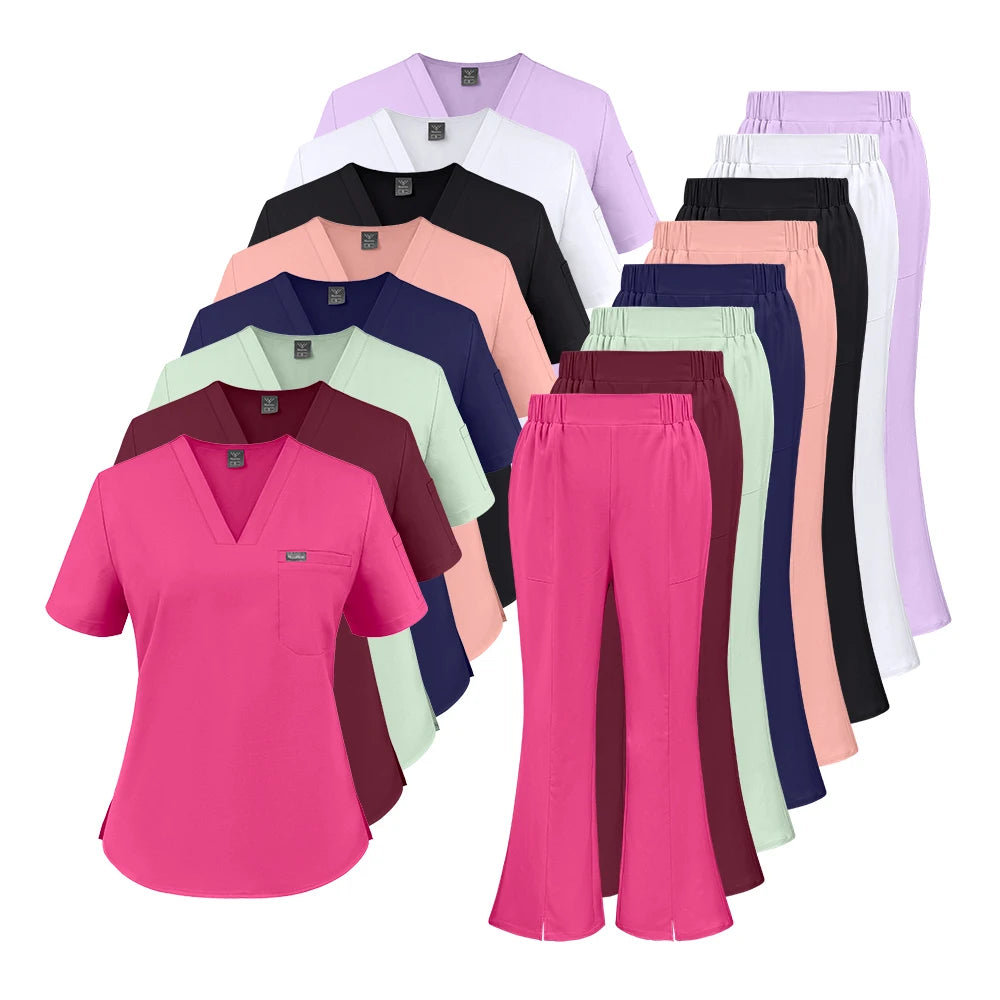 Wholesale Short Sleeve Scrubs Suits Uniforms 4 Way Quick Dry Nurse Hospital Uniforms Flare Pants Scrubs Uniforms Sets for Women