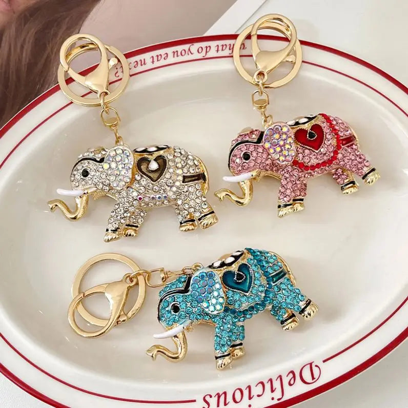 Shiny Elephant Keychain Sparkling Luxury Enamel Keyring Crystal Purse Pendant Sparkling Rhinestones Charm Metal Key Chains Bling