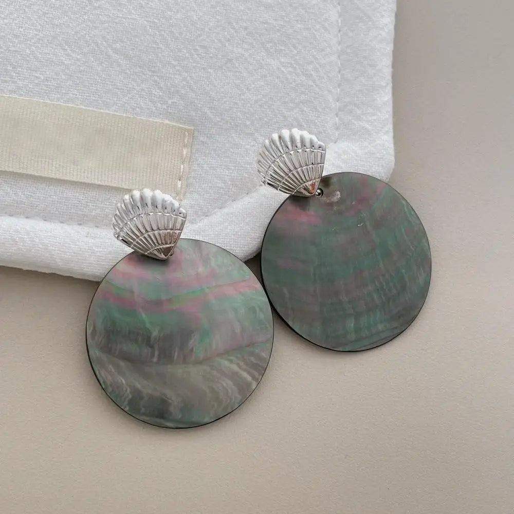 Silver Plated Shell Stud with Abalone Shell Drop Earrings Round Mother of Pearl Dangle Earrings Ocean Beach Jewelry for Women
