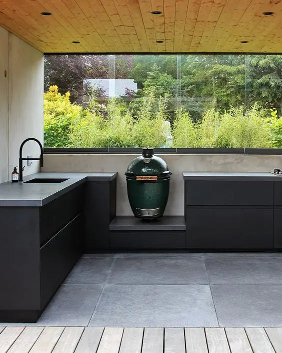 NICOCABINET Modern Waterproof Black Lacquer Stainless Steel Outdoor Kitchen Cabinet Granite Countertop Sink Backsplash for Villa