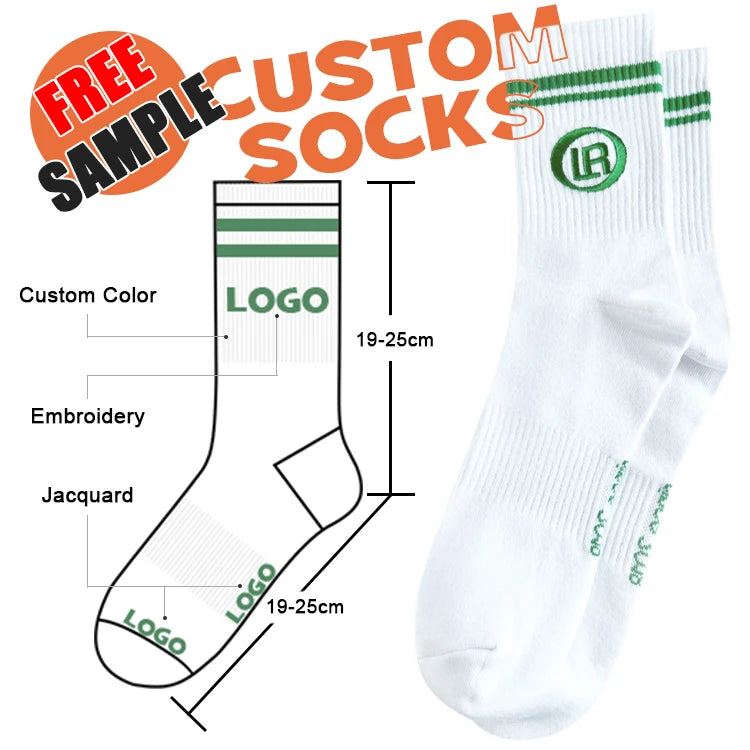 OEM High Quality Green Organic Cotton Men's Sport Basketball & Soccer Crew Socks Jacquard Embroidery with Custom Logo on Bottom