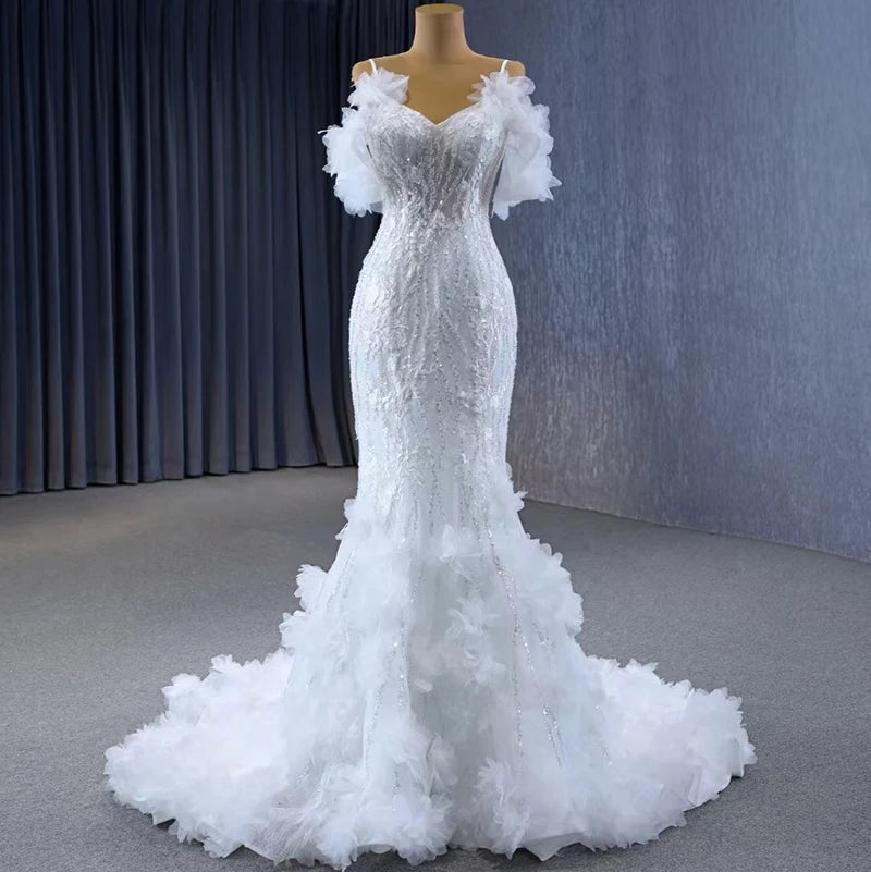 Hot Sale Nowadays Feather Spaghetti Strap Mermaid Wedding Dresses Jancember RSM231095