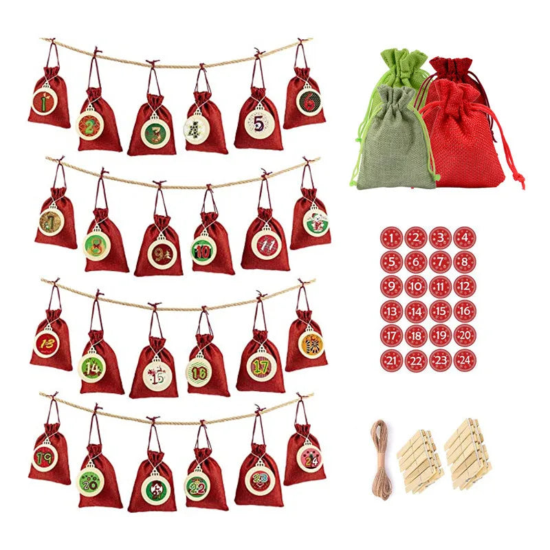 24 Days Christmas Countdown Calendar Bags Burlap Hanging Advent Calender Countdown Pouches Sacks for Xmas Home Office Party Deco