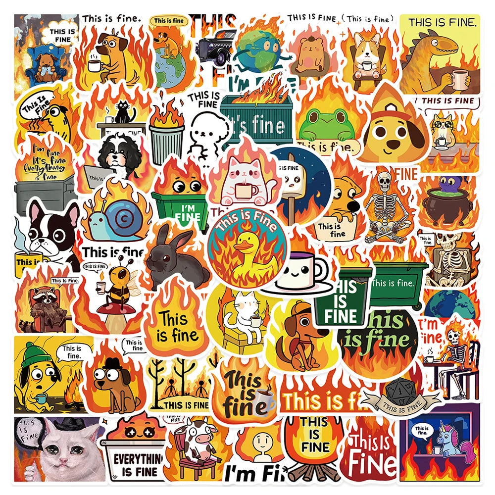 52Pcs Cool This Is Fine Meme Graffiti Stickers for Car Luggage Decor Sarcastic Prank Sticker