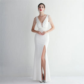 19631# Temperament Elegant Sequin Annual Meeting Host Satin Cloth Craft Beaded Long Banquet Slim Evening Dresses