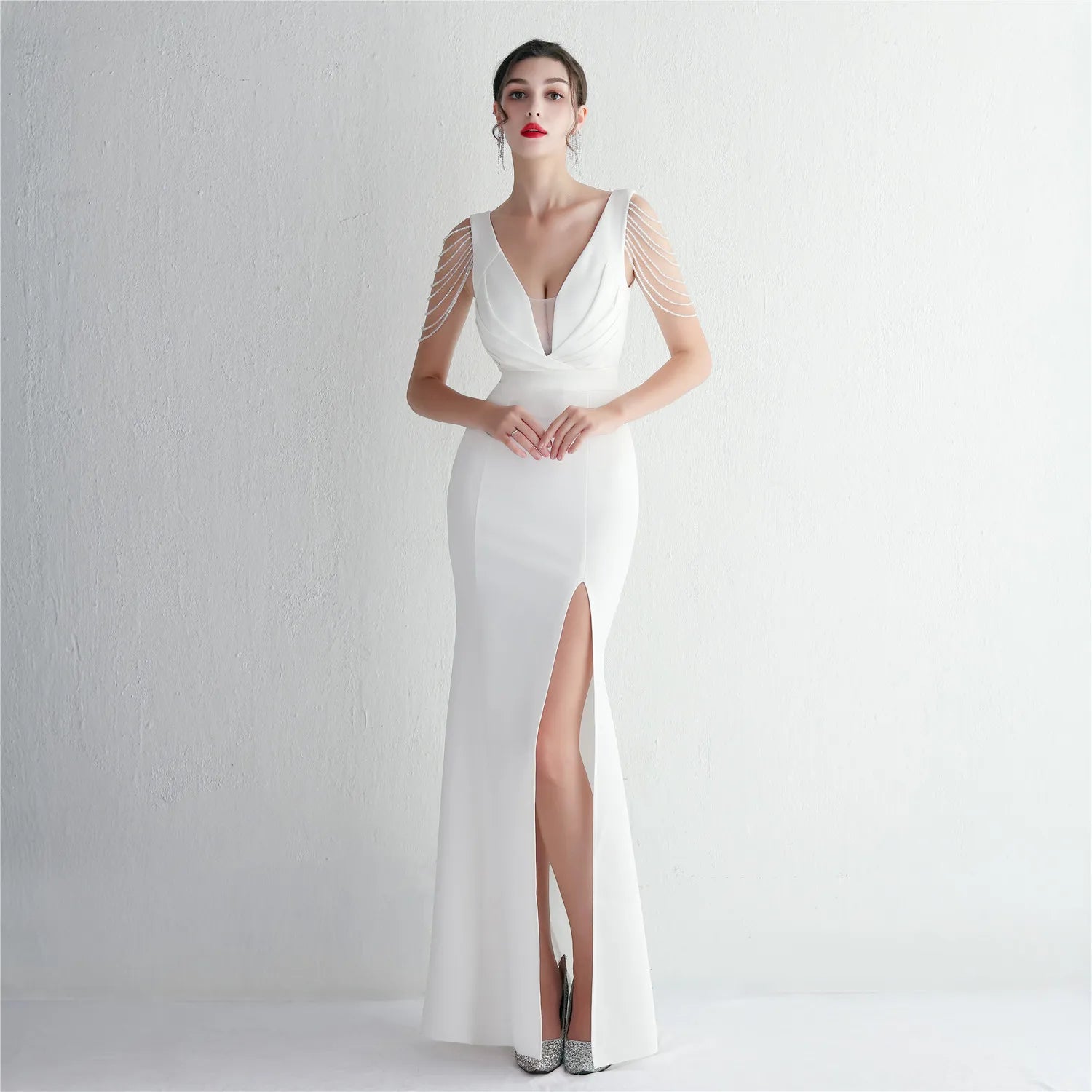 19631# Temperament Elegant Sequin Annual Meeting Host Satin Cloth Craft Beaded Long Banquet Slim Evening Dresses