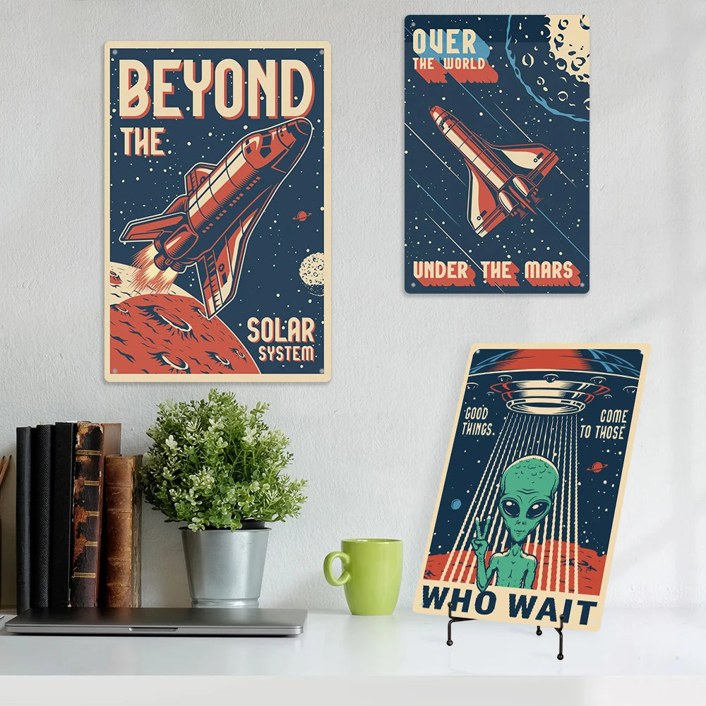 Putuo Decor on Sale Spacecraft Vintage Tin Plaque Sign Space Tour Metal Poster Kid's Room Bedroom Decor