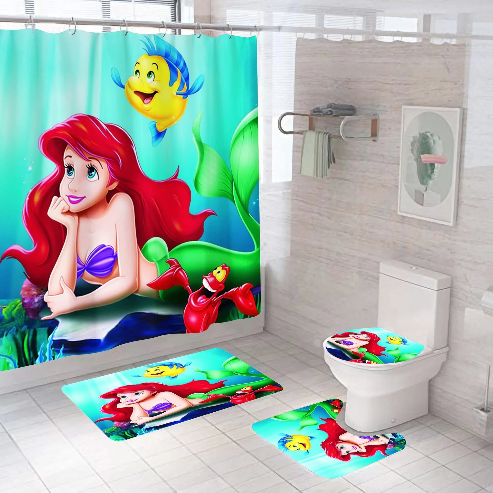 Customized Photo Waterproof Shower Curtain Sets 4 Pieces Mermaid Shower Curtain/