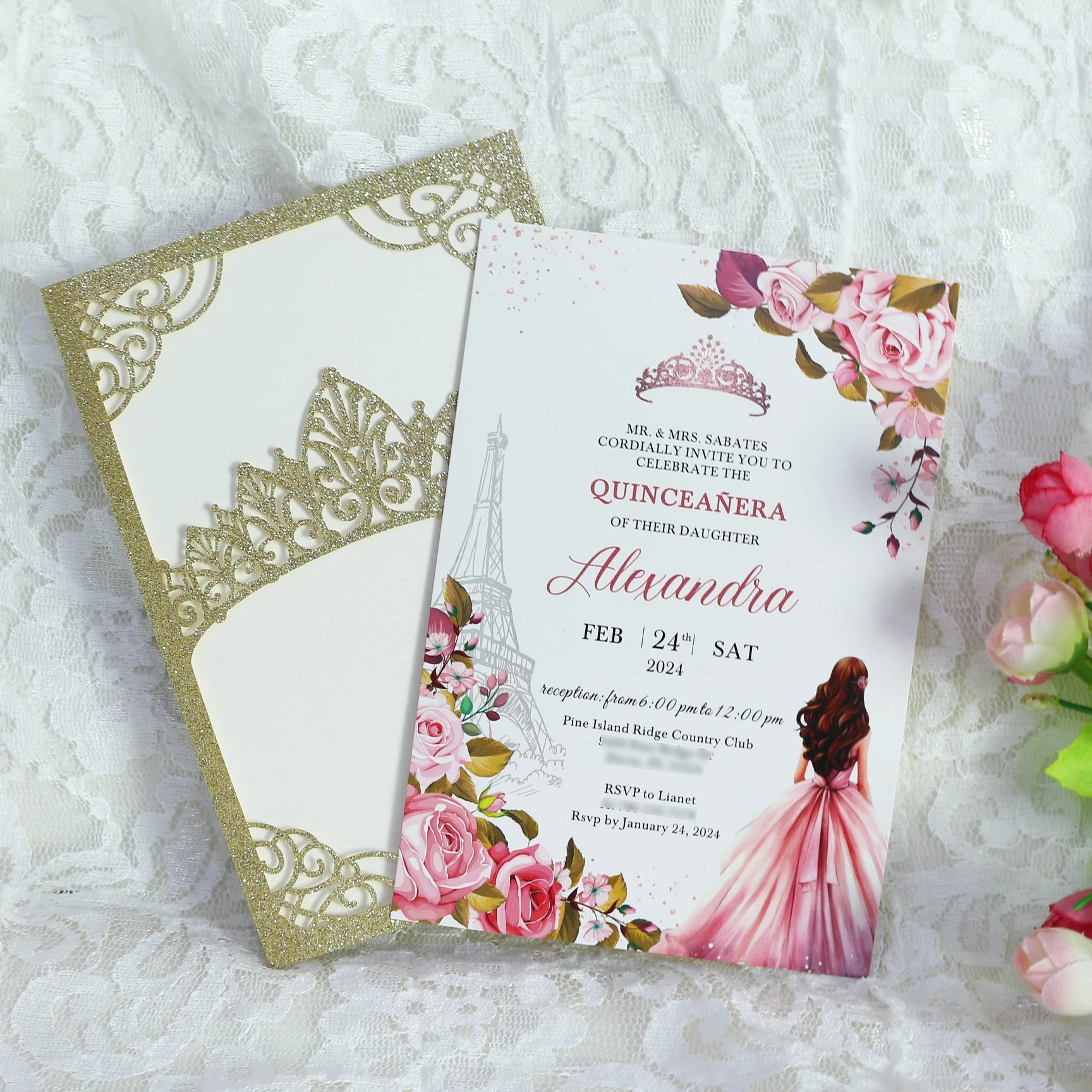 Custom Printed Gold Glitter Laser Cut Paper Cover Luxury Anime Style Card with Envelope Colorful Printing Main Invitations