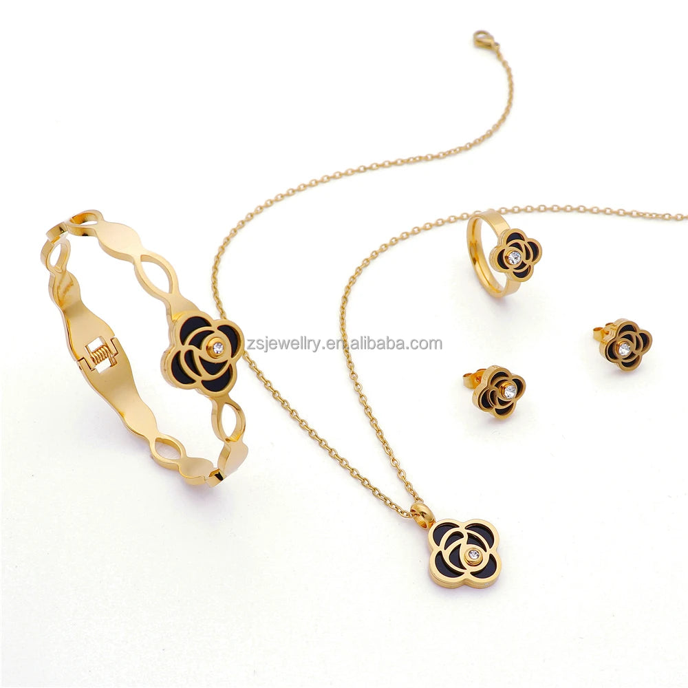 Stainless Steel Sets Romantic Flower Black Women Custom Jewelry Organizer Fashion Gold Plated Jewelry Set