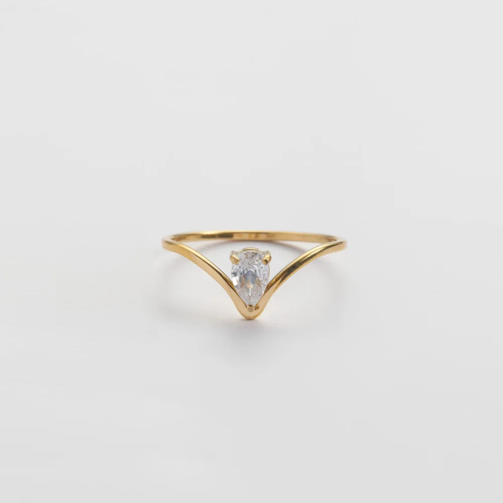 Stainless Steel Hypoallergenic Waterproof Jewelry 18k Gold Plated V Shaped Water Drop Zircon Ring Women Birthday Gift YF3829