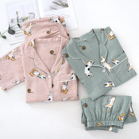 Ladies Pajamas Set Gauze Cotton Cartoon Printed Pyjamas Women 2 Pcs Long Pants Sleepwear