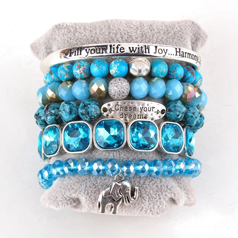 Bohemian Jewelry Natural Stone Square Bling Crystal Words Beaded Bracelet Set Fill Your Life Letter Bangle Stack Bracelet Set