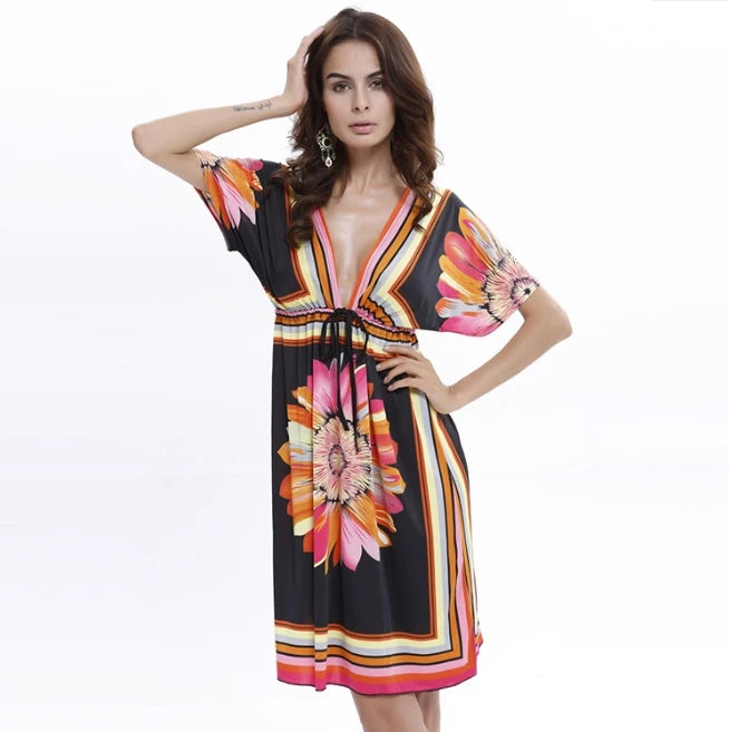 Hot Selling Women's Europe America Spring and Summer V-neck Milk Silk Large-Sized Printed Beach Dresses Wholesale