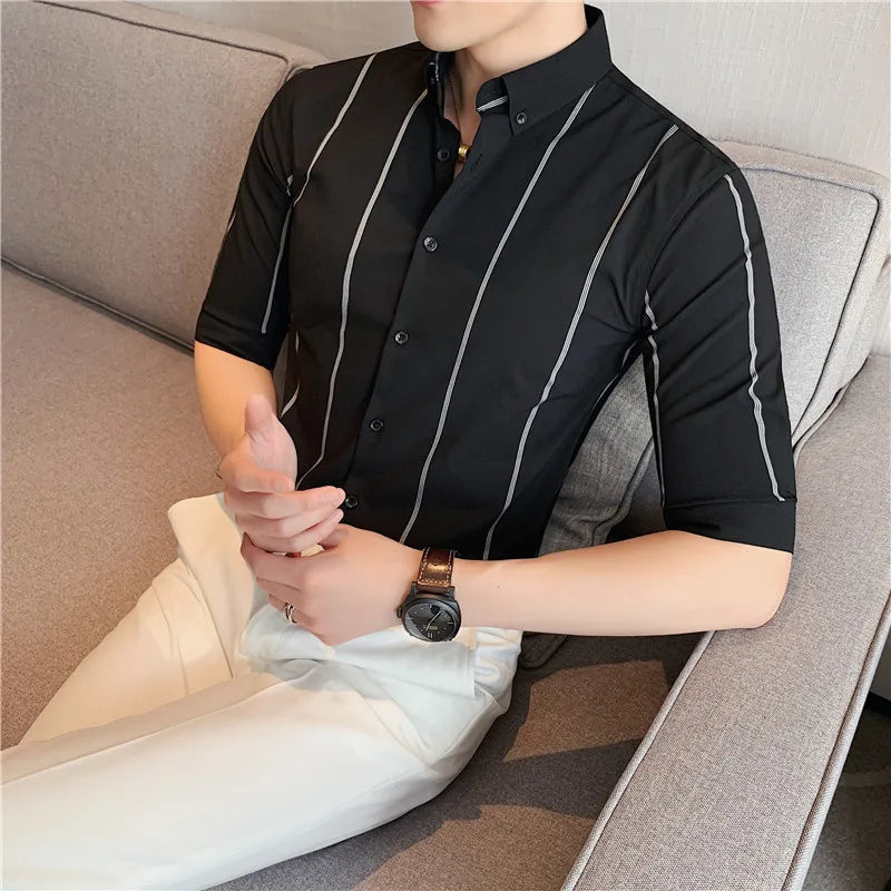 Men's Korean Style Mid-Sleeve Striped Shirt Business Casual Slim Fit High-End Non-Iron Satin Summer Half-Sleeve Five Yarn Dyed