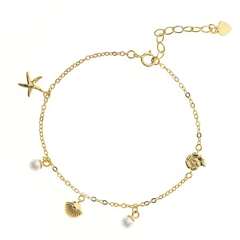 Damila Wholesale 925 Silver Fashion Jewelry 18k Gold Plated Ocean Starfish Sea Shell Pearl Charm Bracelets for Women