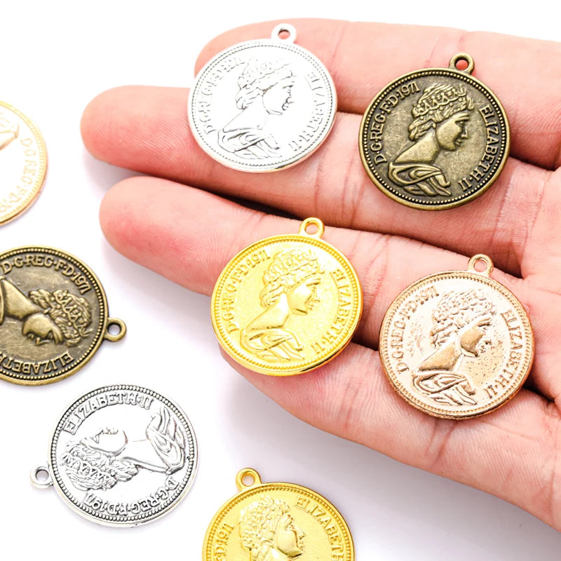 2 Colours Coin Charms Antique Bronze Round Metal Pendant DIY Jewelry Making 28*24mm J414