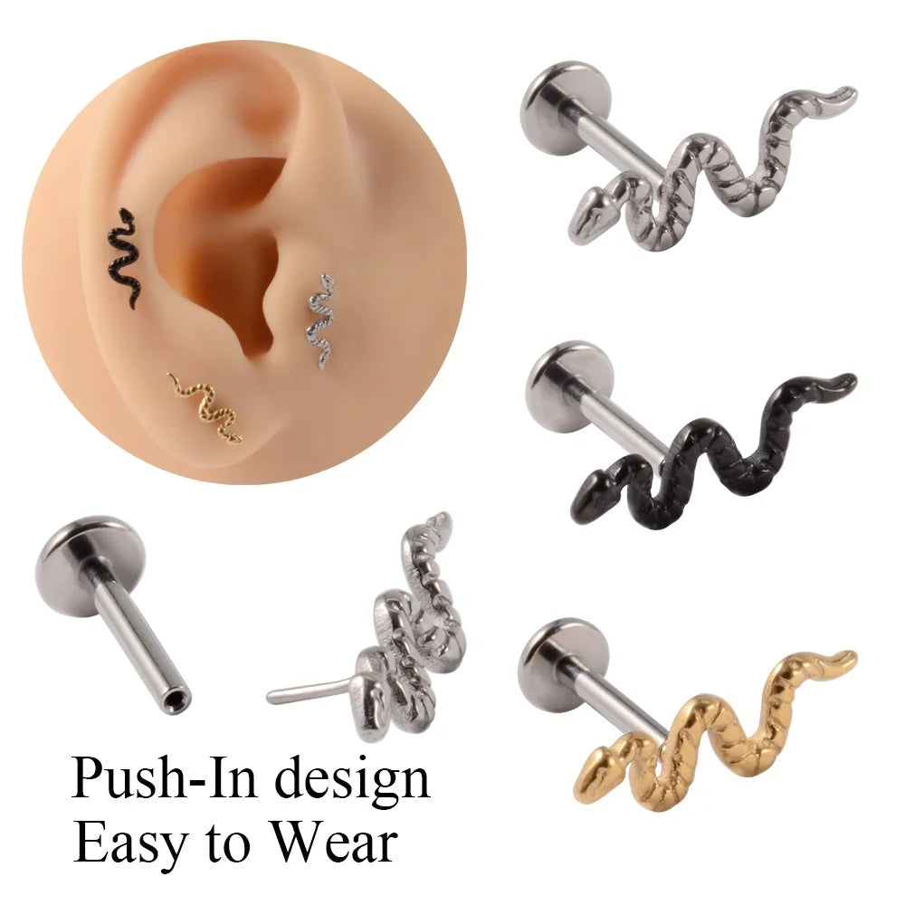 G23 Titanium Snake Threadless Push-in Ear Cartilage Tragus Helix Earring Stud Easy Wear Piercing Body Jewelry for Weddings