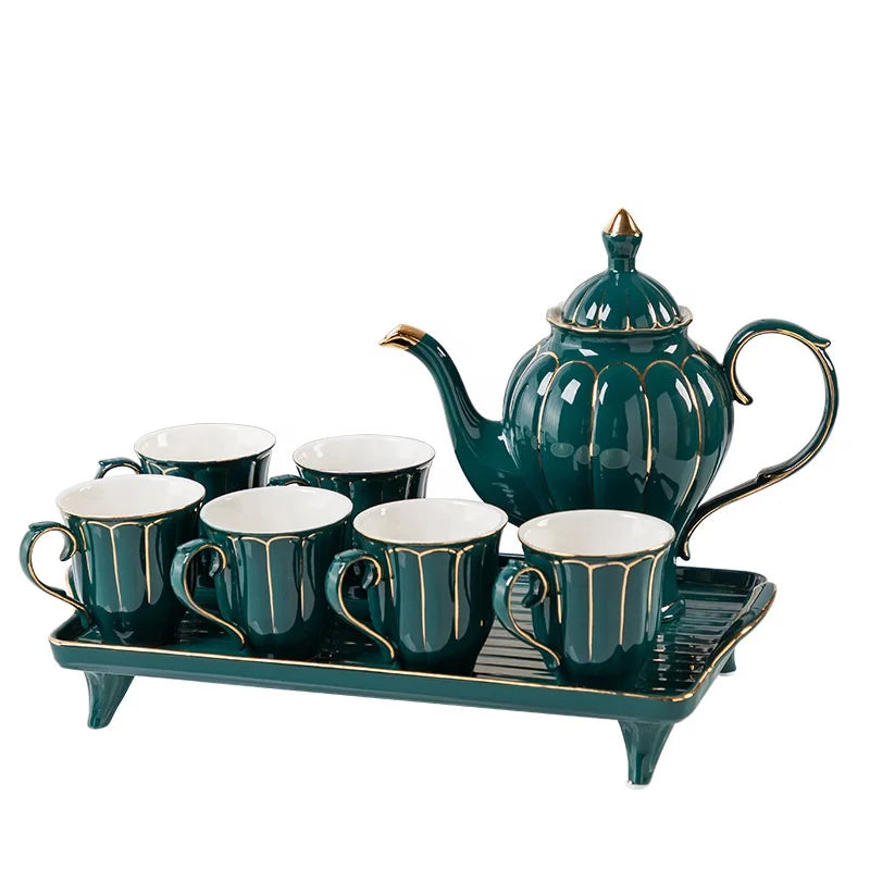 Europe Style Tea Cup Teapot Set with Tray Emerald Porcelain Tea Pot Coffee Cups Set Gift for Tea Coffee