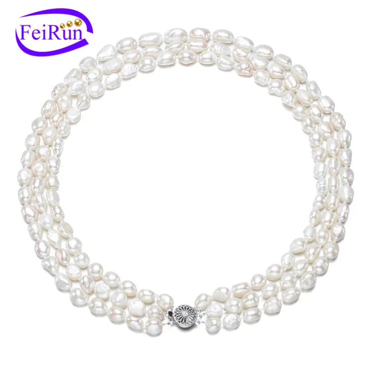 FEIRUN 8mm Baroque 3 Rows New White Beautiful Fresh Water Real Freshwater Pearl Necklace Multi Layer Pearl Necklace