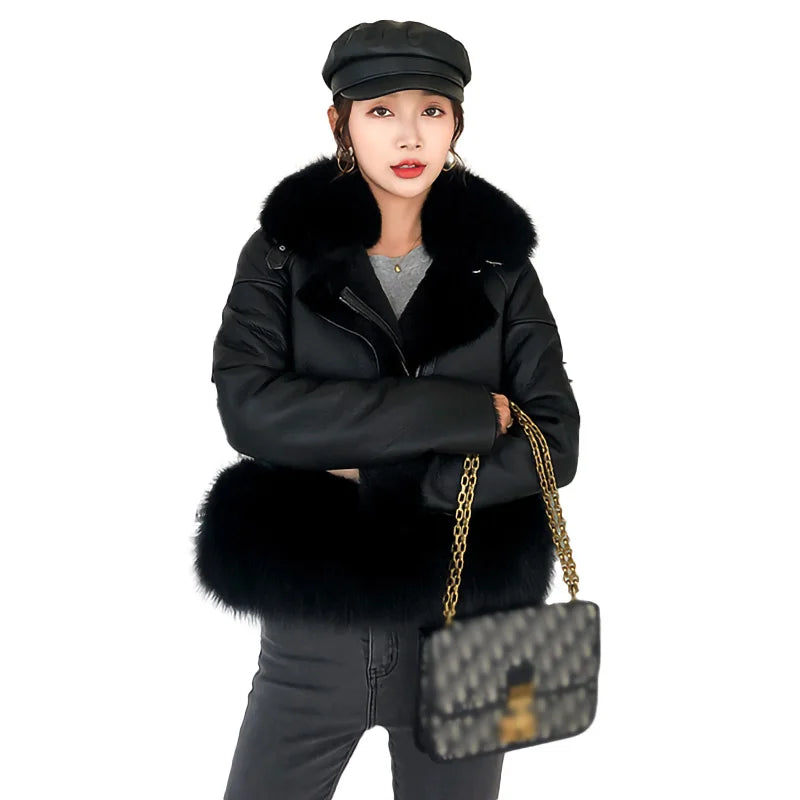 High Quality Winter Fox Fur Collar Leather Coat Real Sheepskin Shearling Jacket  Women