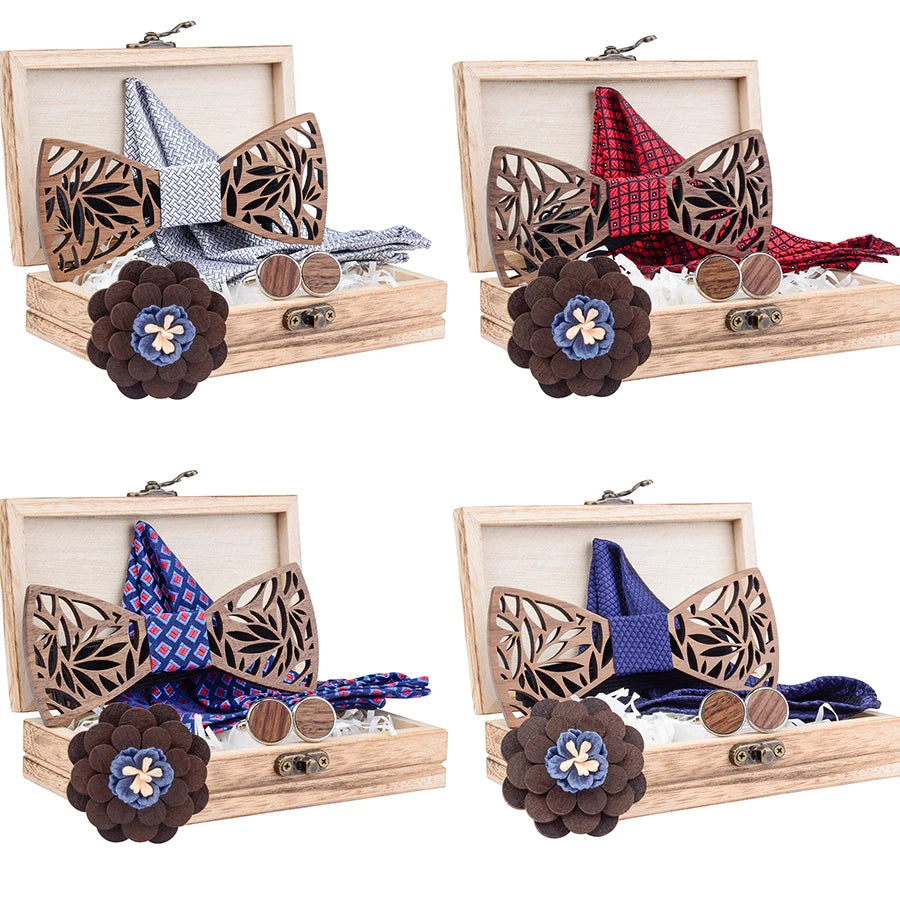 OEM ODM Adjustable Hollow Carved Cut Out Wooden Bow Tie Silk Pocket Square Cuff Brooch Set for Men Wedding With Wood Box