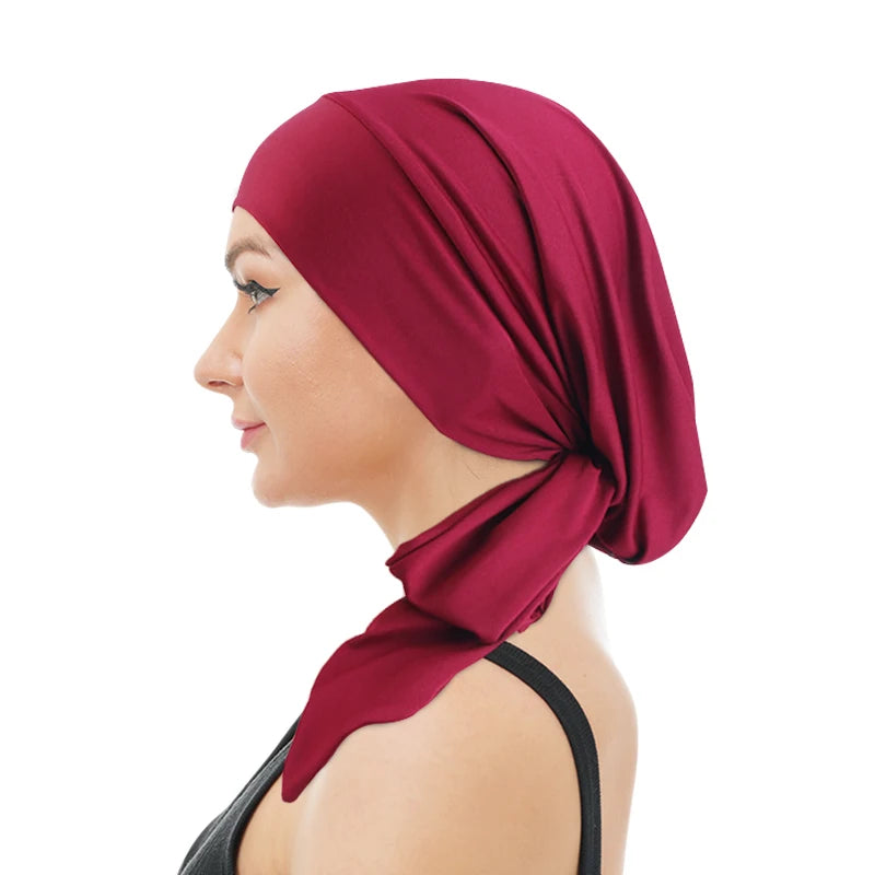 Pre Tied Stretch Turban Muslim Hijab Hat Head Scarf Hair Bandana Head Wrap With Band Tie for Women
