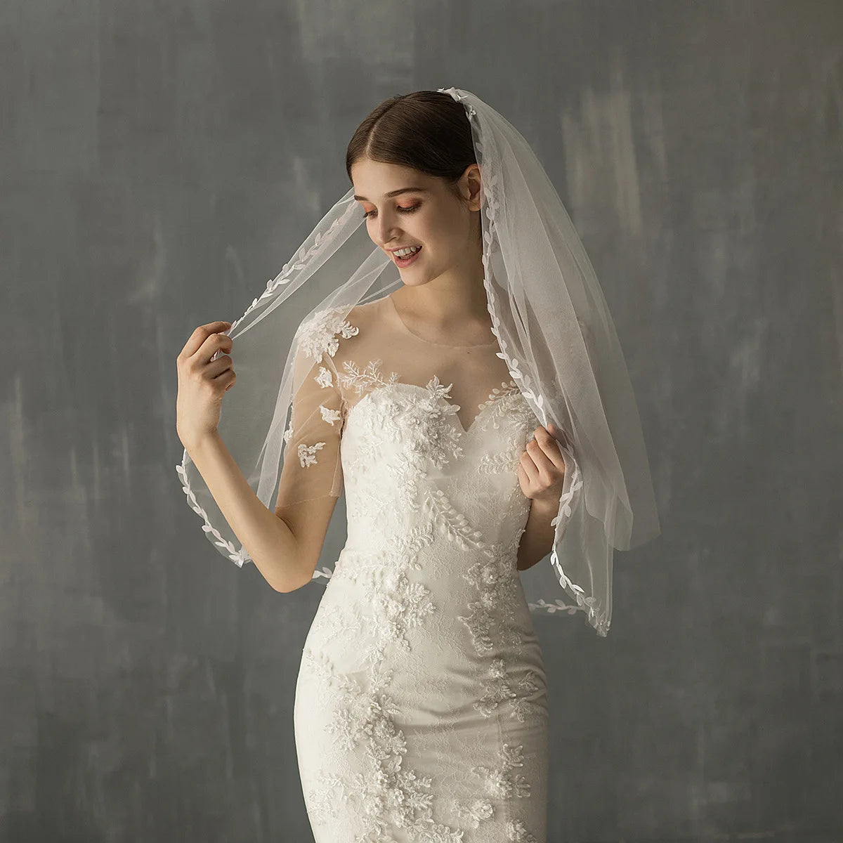 ShangHai White Double Layered Medium Length Bridal Veil Super Immortal Leaf Wedding Dress Journey Actual Shooting Soft Headwear