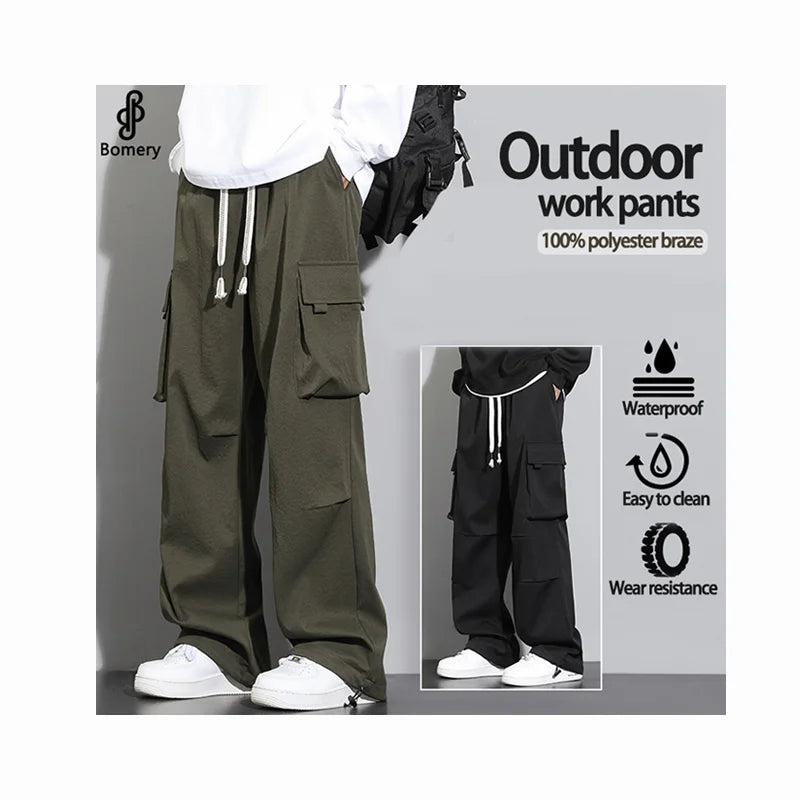 Bomery Loose Fit Solid Color Flat Lace Canvas Cargo Pants Street Fashion Mid Drawstring Popular Pattern Printed Men's XL