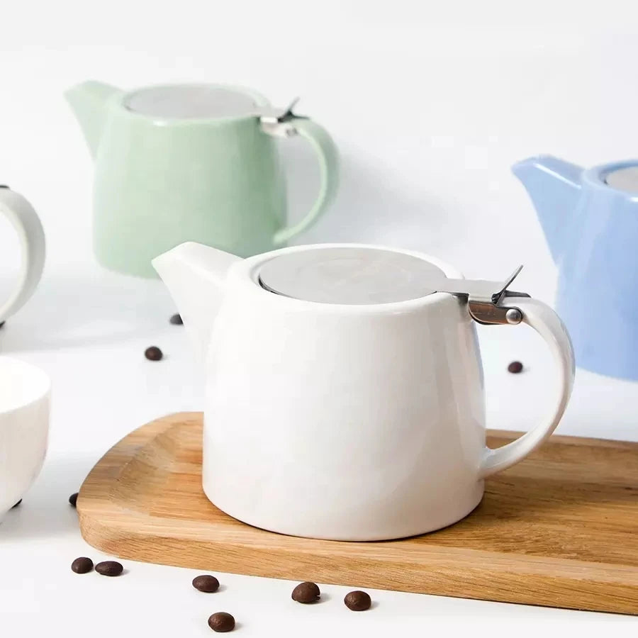 White Ceramic Teapot Round With Stainless Steel Lid and Infuser Ceramic Tea Pot Kettle With Strainer and Infuser 18oz/500ml