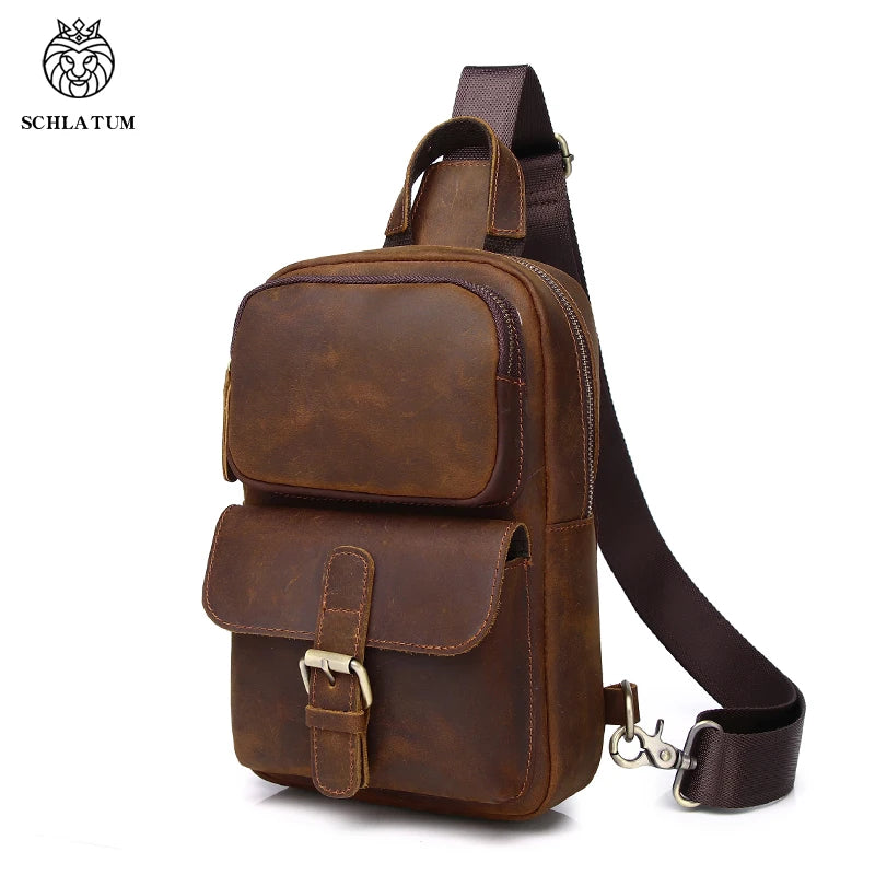 SCHLATUM  Crazy Horse Leacher Sling Bag  Casual Genuine Cowhide Men's Crossbody Chest Bags
