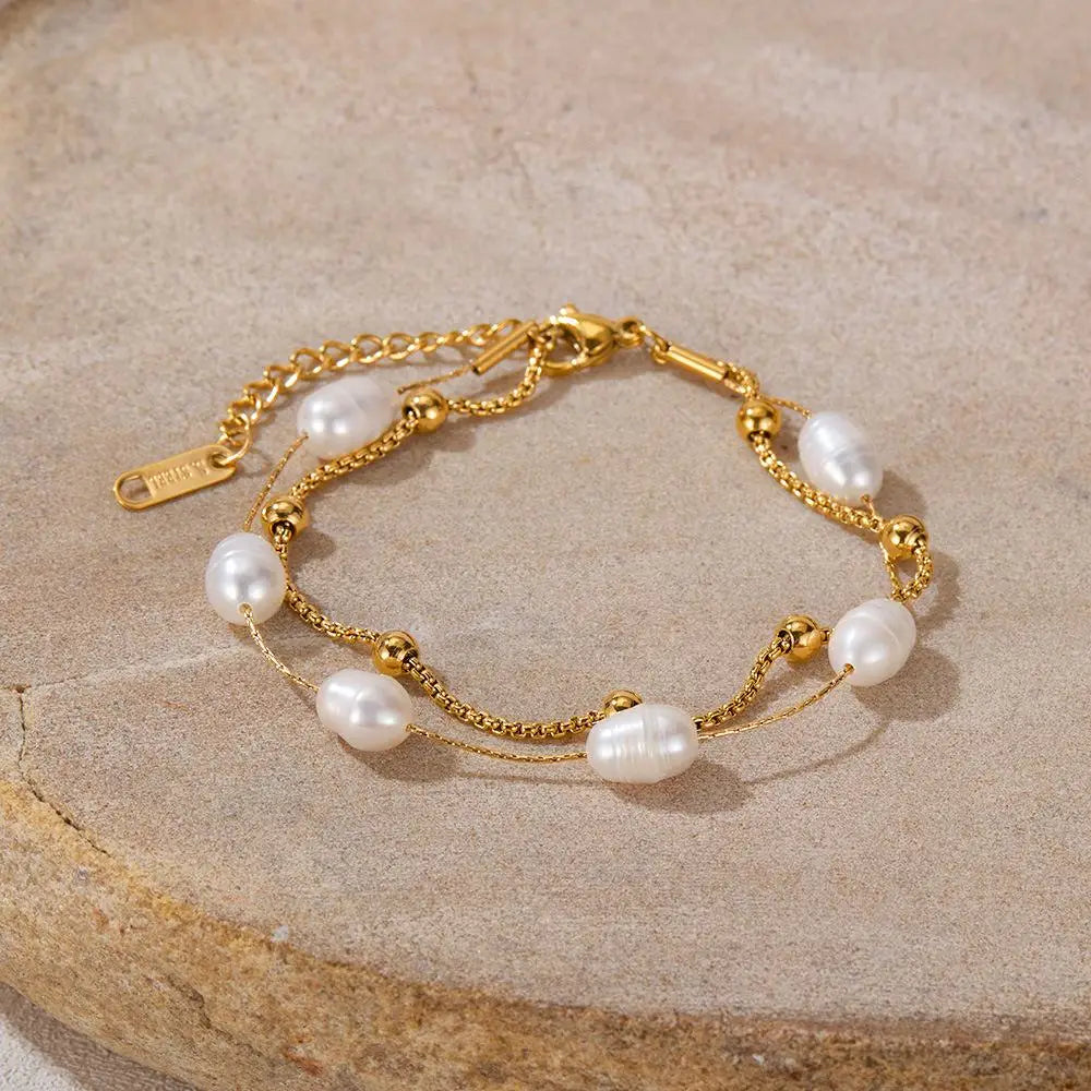 Stylish Women's 18K PVD Stainless Steel Charm Bracelet Natural Pearl Double Layer Chain Trendy Gold Summer Fashion Jewelry Gift