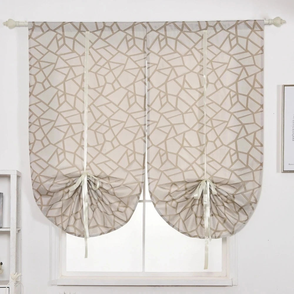 XinLan Custom Home Decoration Geometric Design Short Kitchen Curtain Jacquard Tie up Valance Curtain