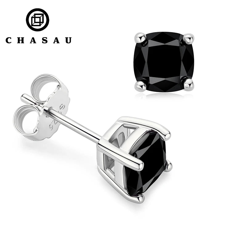 6mm 1CT Cushion Cut Stud Earrings Passed Diamond Test Black Moissanite 925 Sterling Silver for Men and Women