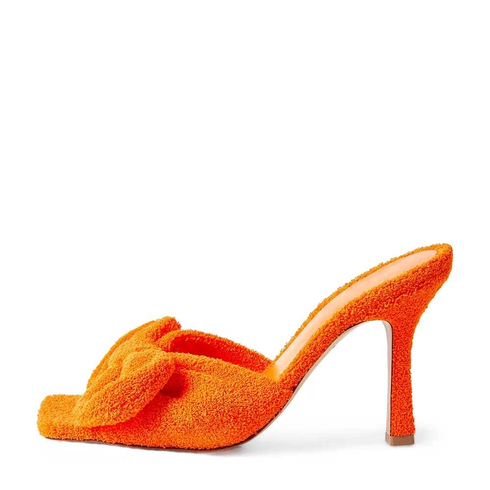 Summer Slip on Shoes for Women Orange Bow Heeled Slides Square Toe Towel Sandals Casual Daily Slippers