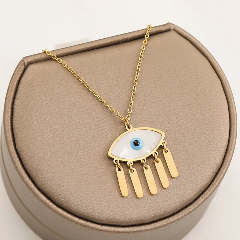 Hot Sale Gold Plating Titanium Steel Evil Eyes Necklace Shell Blue Eye Tassel Necklace for Women Girl