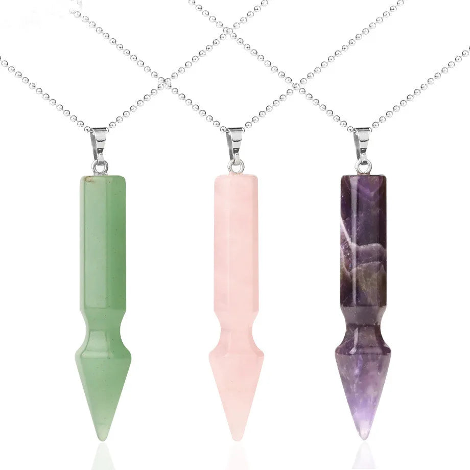 Natural Bullet Shape Gemstone Pendants Necklace Long Hexagonal Healing Pointed Chakra Stone Charms Gemstone Jewelry