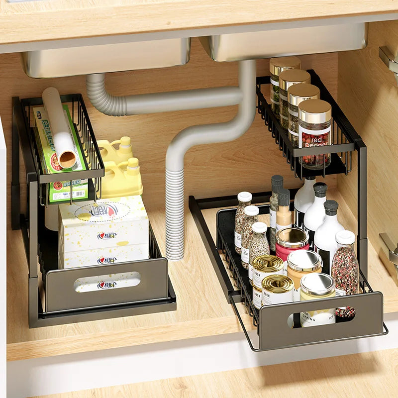 Choice Fun 2-Tier Expandable Metal Storage Drawers Kitchen Rack Under Sink Organizer with Cabinet Organization