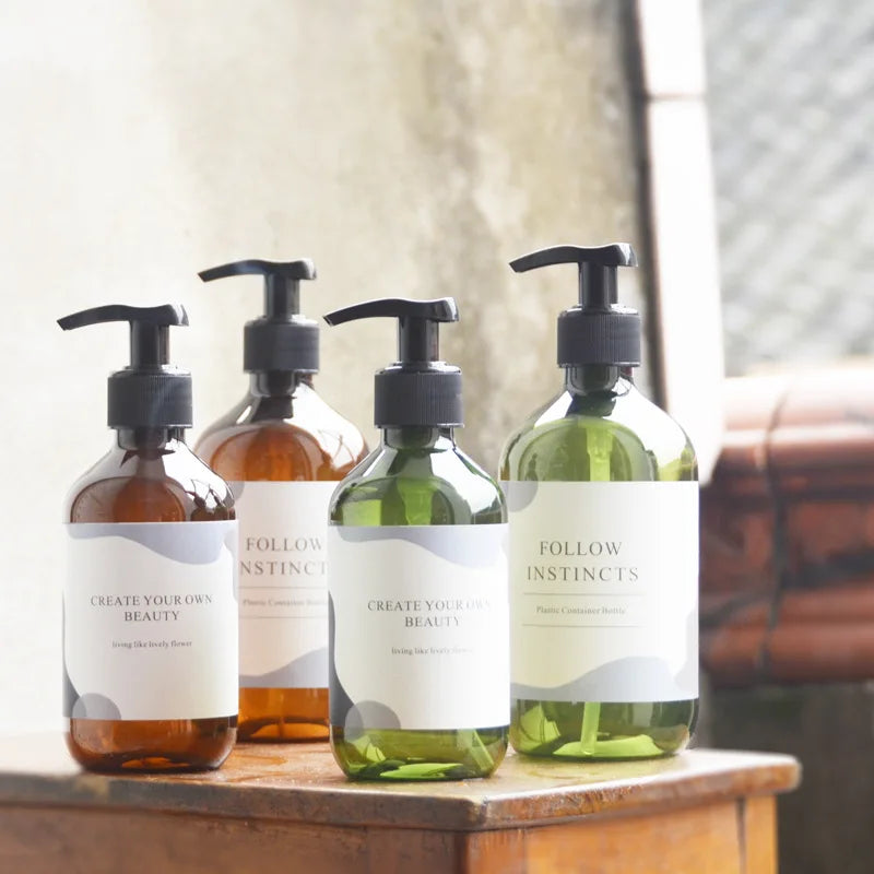 From Stock 200ml 300ml 500ml Green/Brown PET Refillable Body Pump Bottle Screen Printing for Shampoo Shower Gel Face Mask Lotion