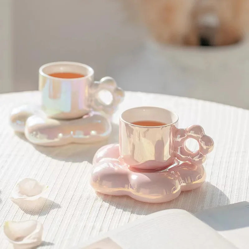 Nordic Luxury Glazed Coffee Cup and Saucer Set Flower Shaped Ceramic Afternoon Mug and Tray