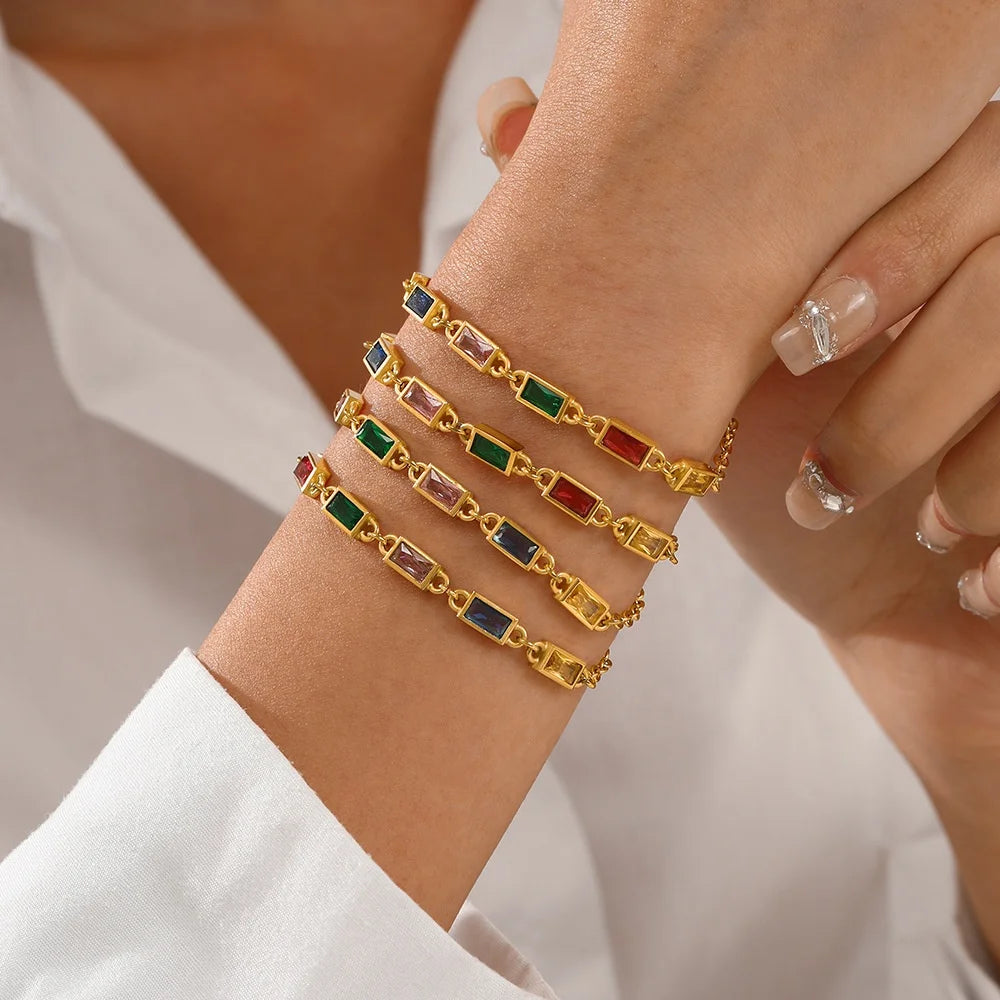 France Fashion Micro Multi Color Crystal Bracelet Chain Retro Stainless Steel Crystal Bracelet Jewelry for Women