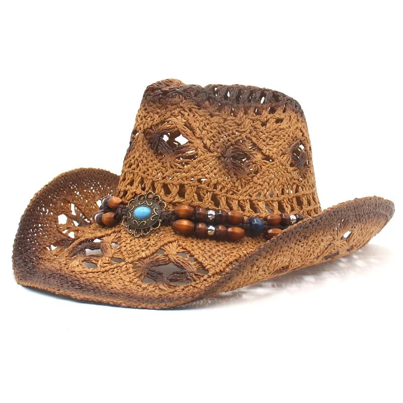 New Arrival Outdoor Travel Vintage Printed Hollow Out Design Paper Straw Cowboy Hat with Beads Design